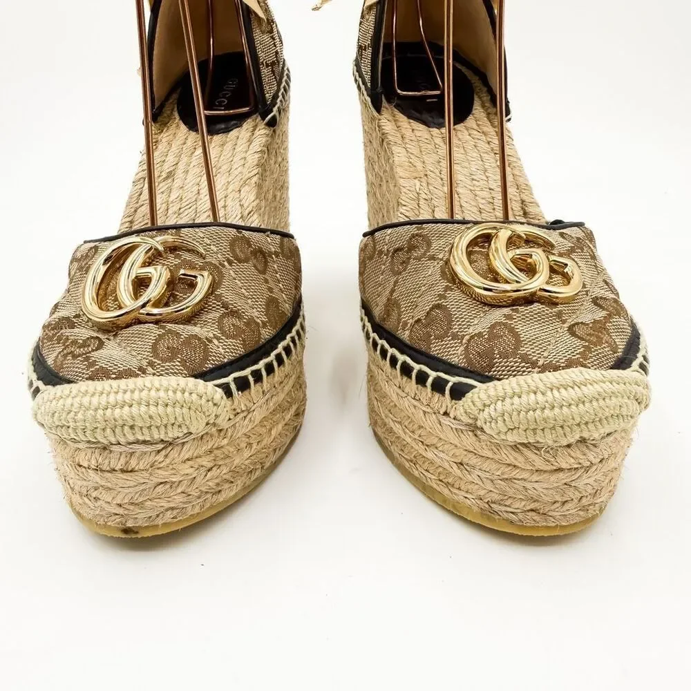 Gucci GG Espadrille Wedge Sandal EU 38 US 8 Monogram Canvas Ankle Wrap
